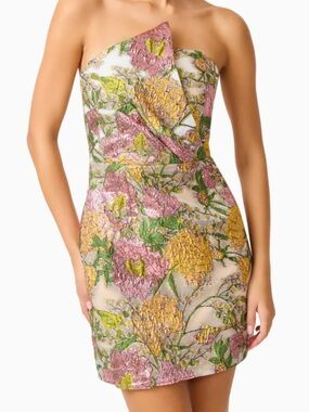 Elliatt Strapless Floral Brocade Mini Dress in Pink, Yellow & Green